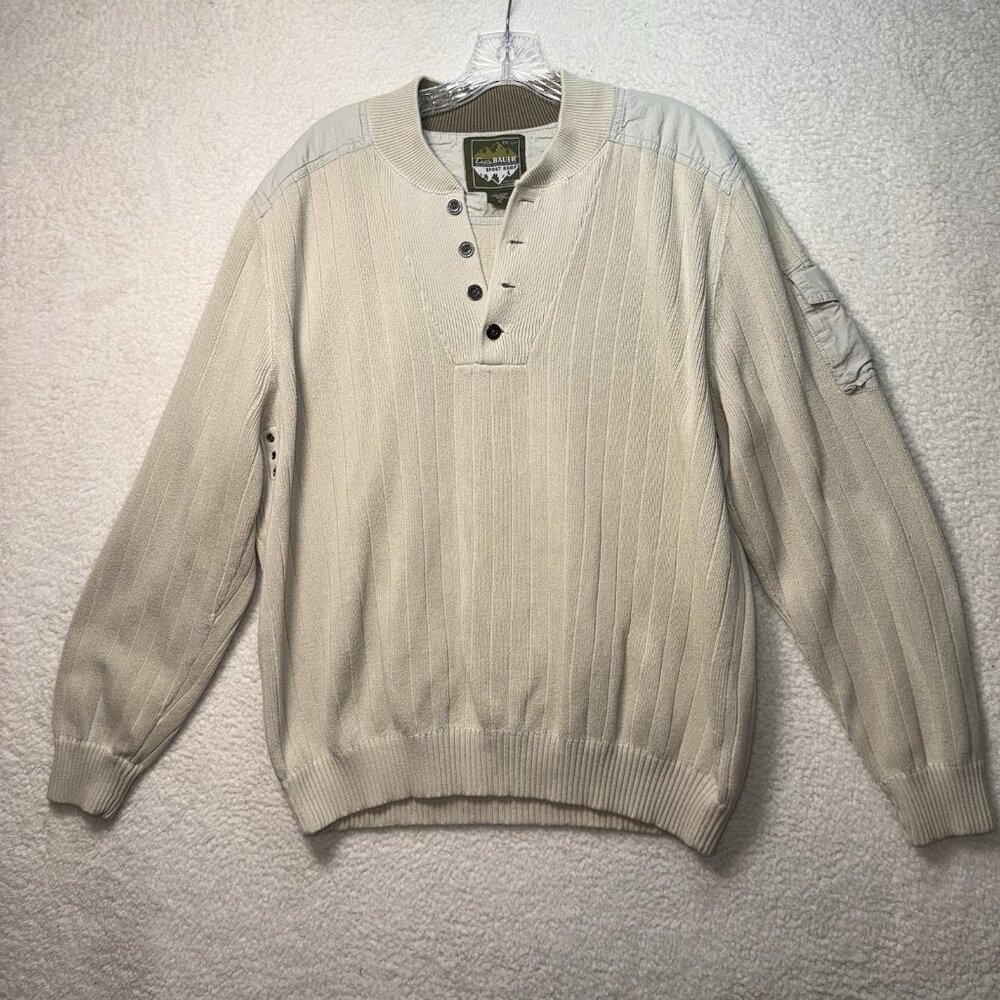 Eddie Bauer Sport Shop Pullover Sweater 1/4 Button XL Tall Shoulder Patch Cream